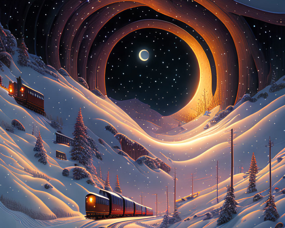 Snowy Night Train Traveling Through Looping Mountains