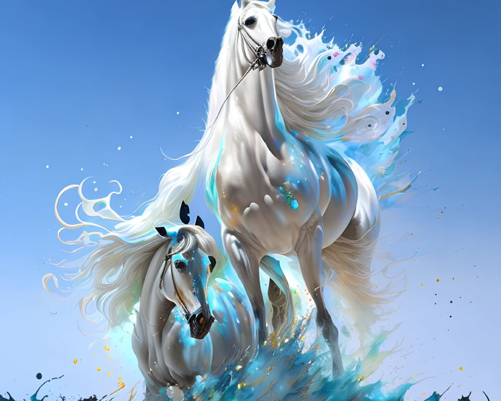 Majestic white horses with flowing manes in vibrant paint splashes