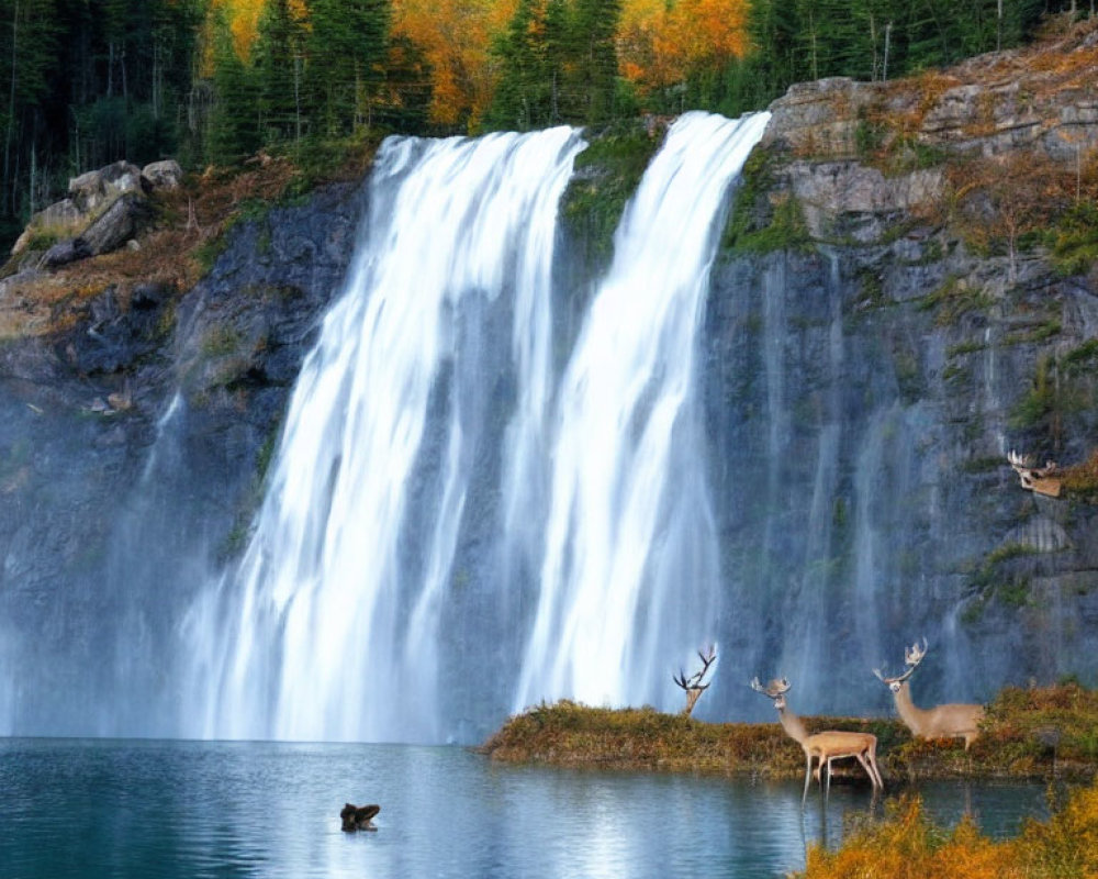 Scenic waterfall with deer by tranquil lake and autumn foliage