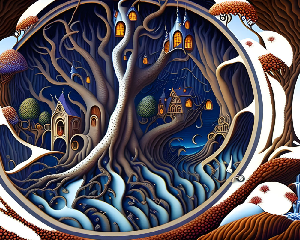 Circular frame artwork showcasing intricate tree roots, branches, fantastical houses, lanterns, and patterned