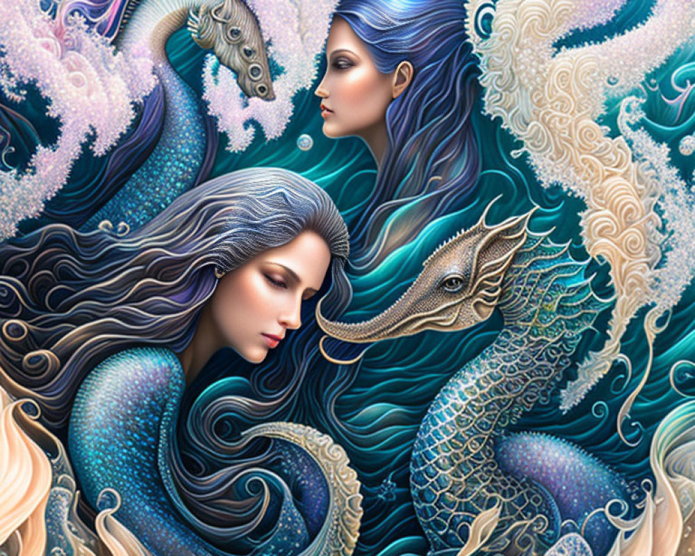 Two Women with Blue Hair and Seahorses in Colorful Underwater Scene