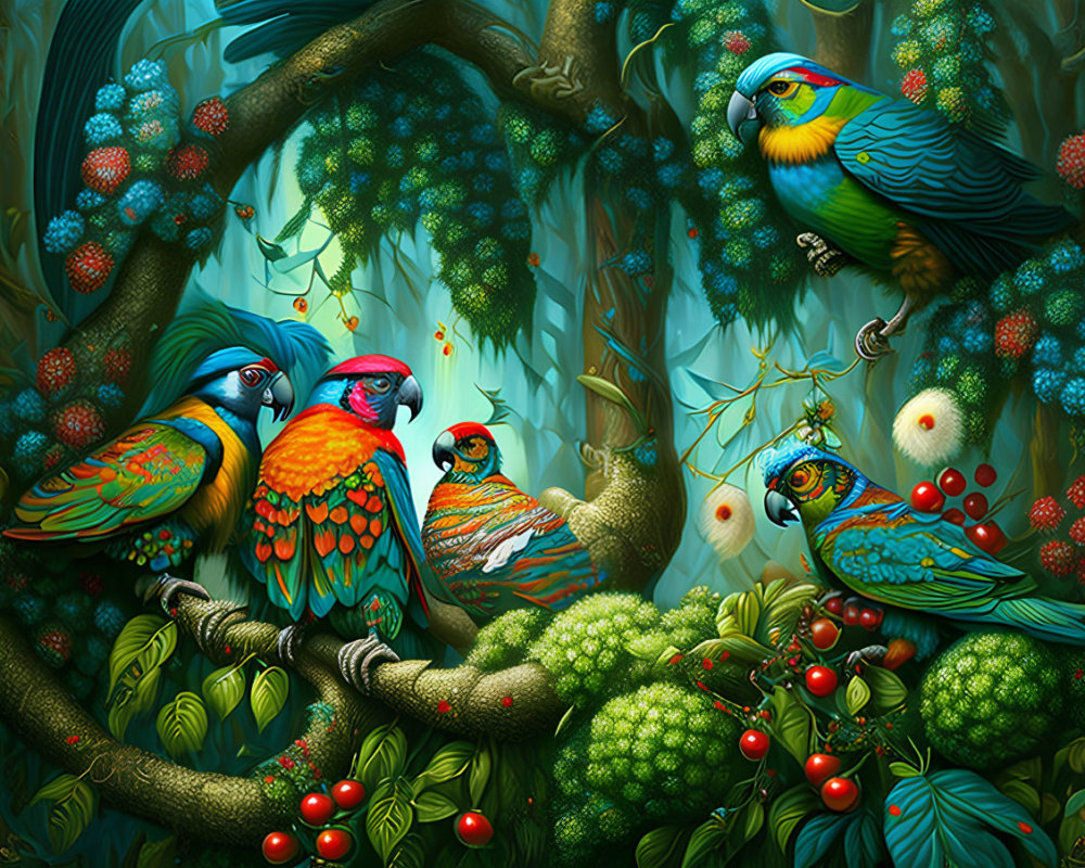 Vibrant Parrots in Lush Greenery with Red Berries