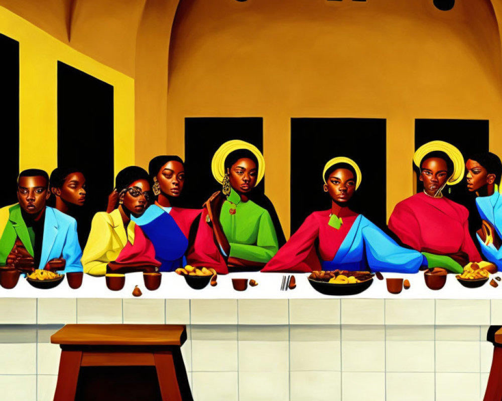 Modern interpretation of Last Supper with twelve haloed figures in vibrant suits at a table.