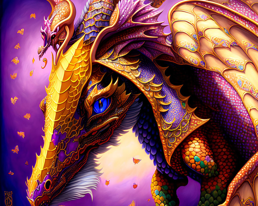 Colorful Dragon Illustration with Butterflies in Purple, Orange, and Yellow