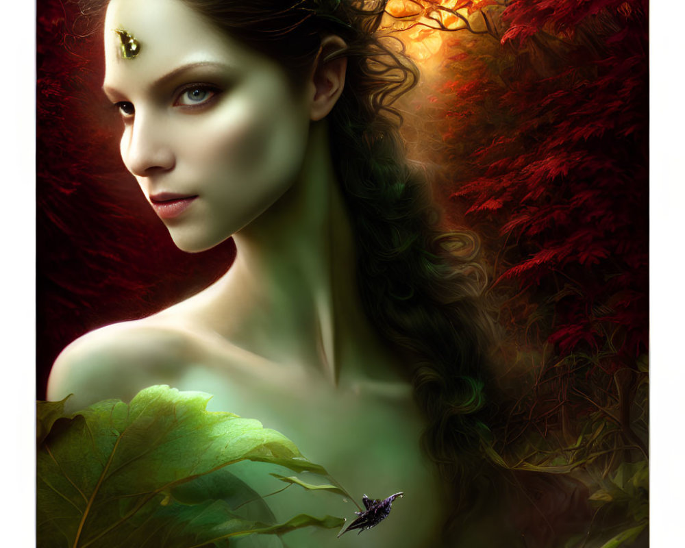 Fantasy portrait of woman with elfin features in autumn setting