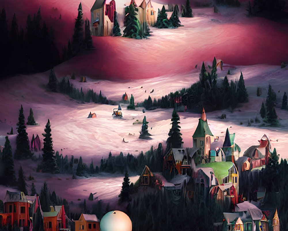 Snowy village illustration: colorful houses, trees, soft glow, purple dusk sky