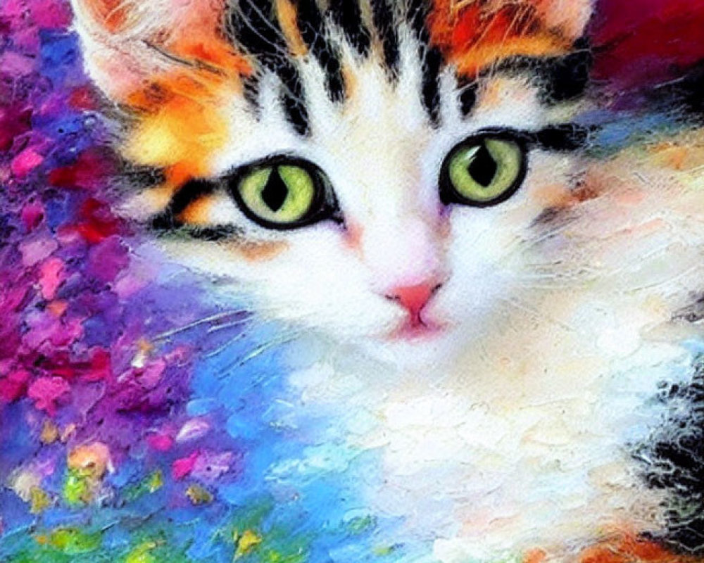 Colorful Impressionist-Style Painting of a Kitten with Green Eyes