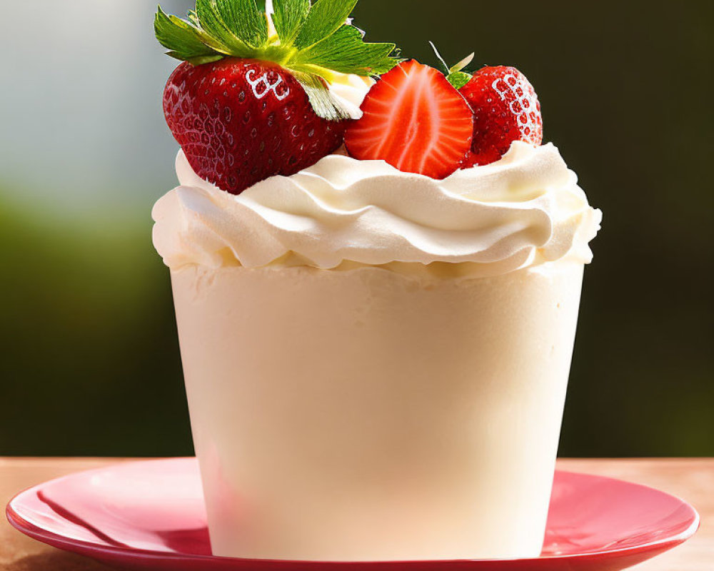 Creamy dessert with strawberries and whipped cream on red plate