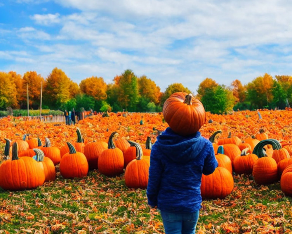 Child with pumpkin head in vast pumpkin patch with autumn trees