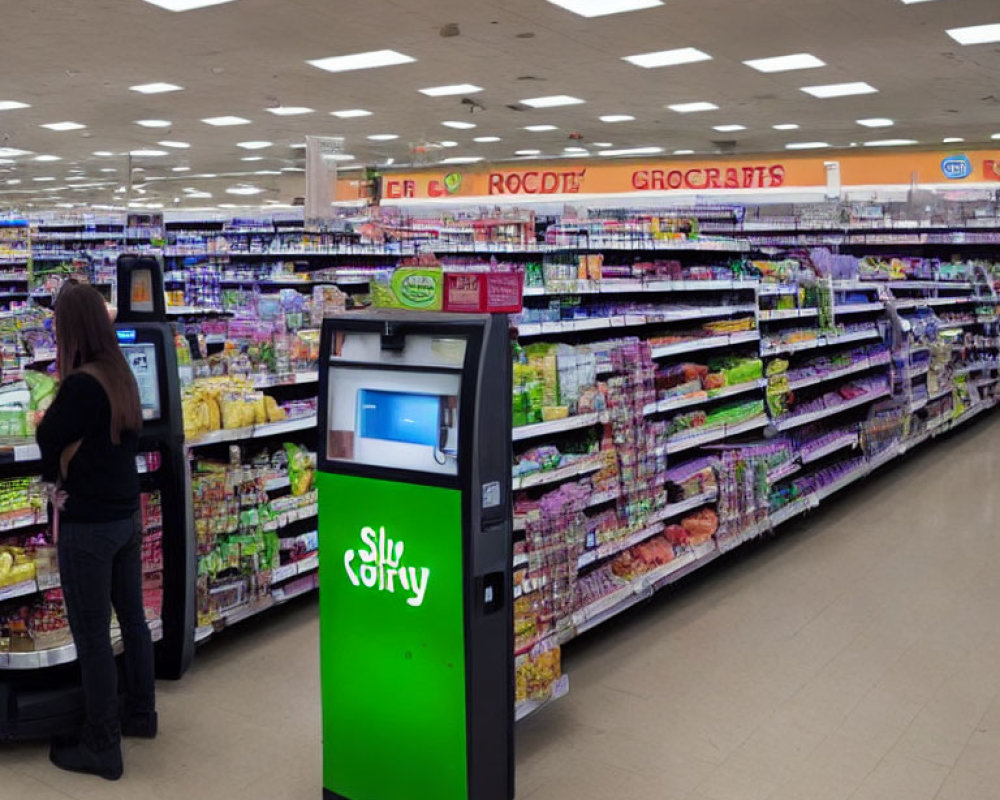 Person shopping in grocery store aisle with refrigerated products and self-service kiosk.