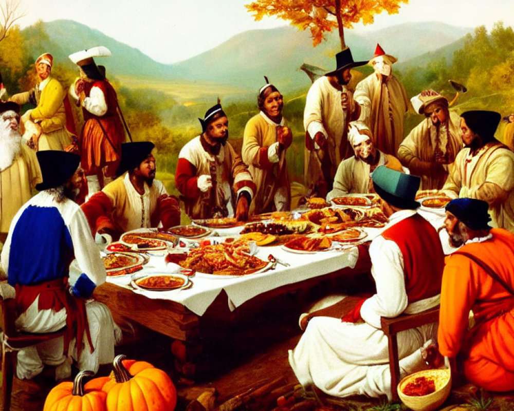 Pilgrims and Native Americans feast in autumnal setting