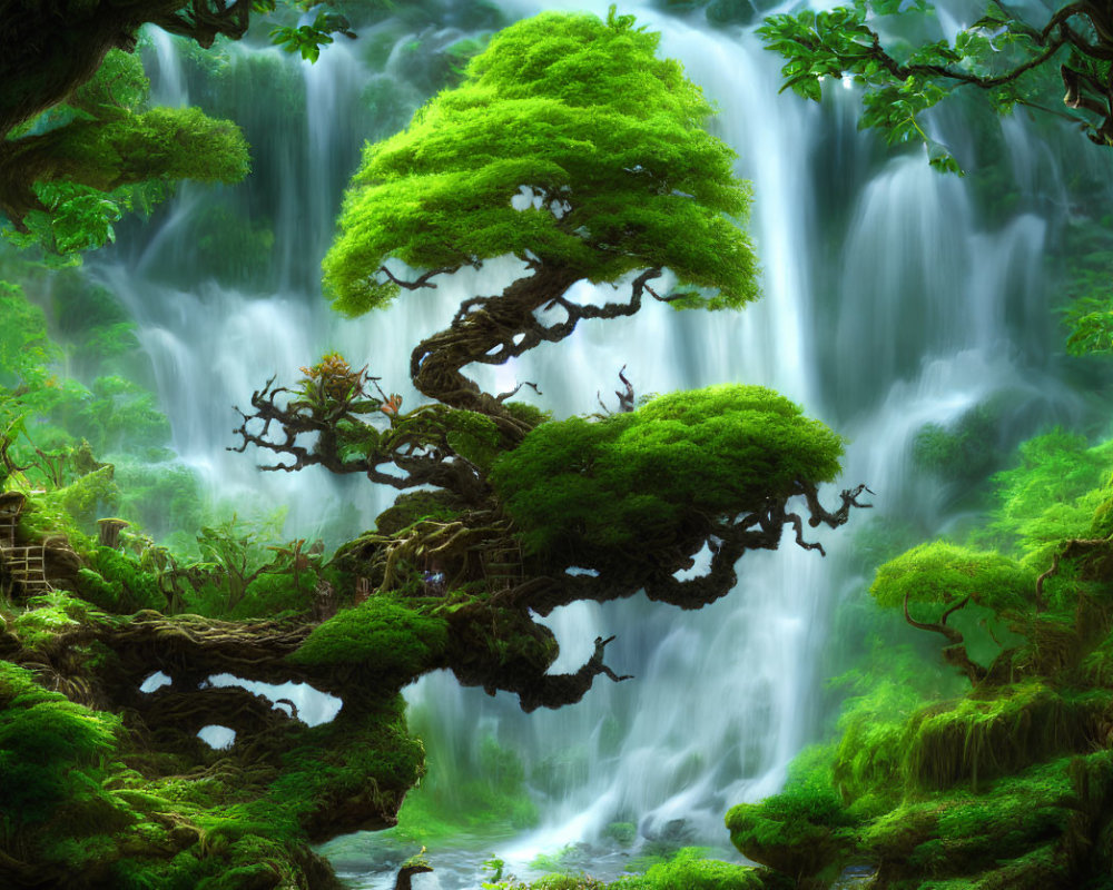 Vibrant green forest with intertwined branches and waterfalls