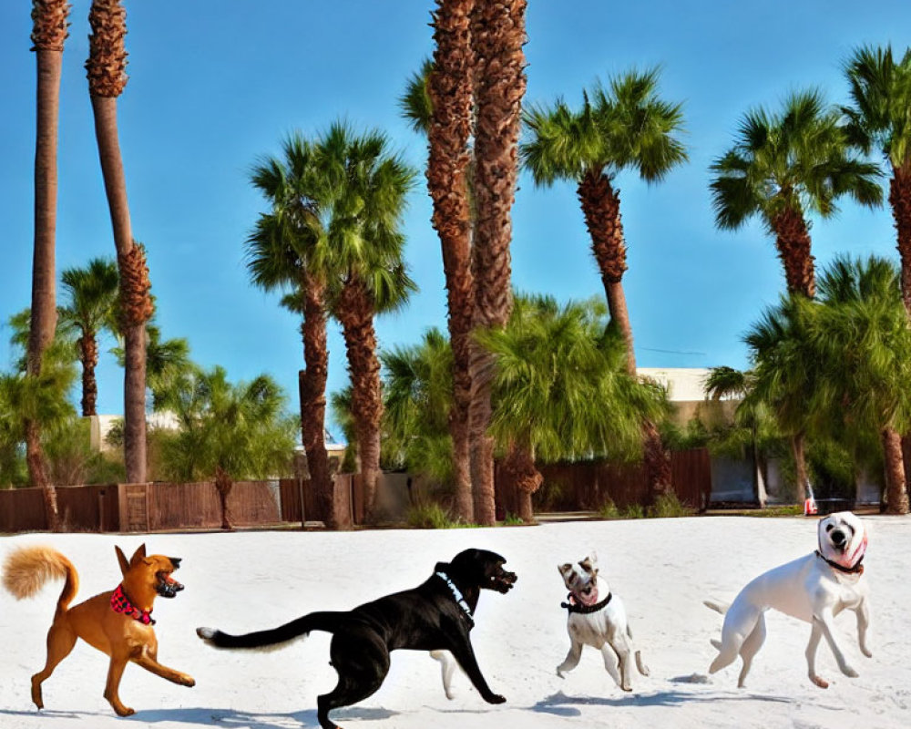 Four dogs playing on sandy beach with palm trees and blue sky