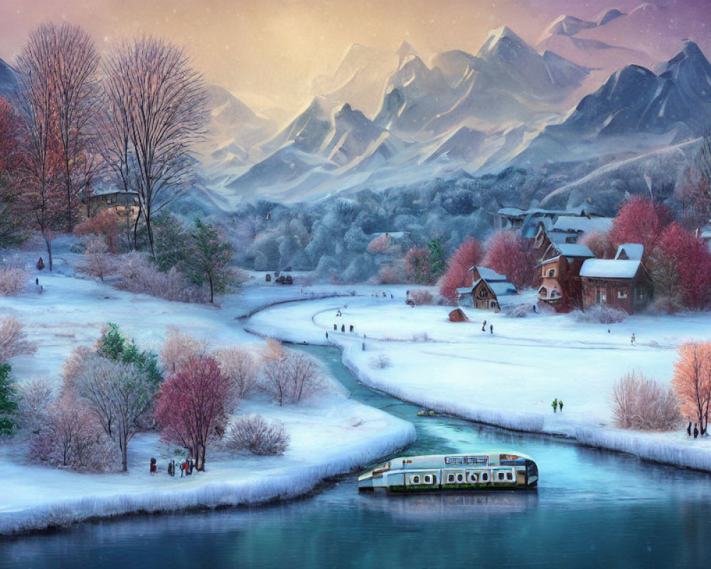 Snow-covered winter landscape with river, boats, people, houses, mountains at twilight