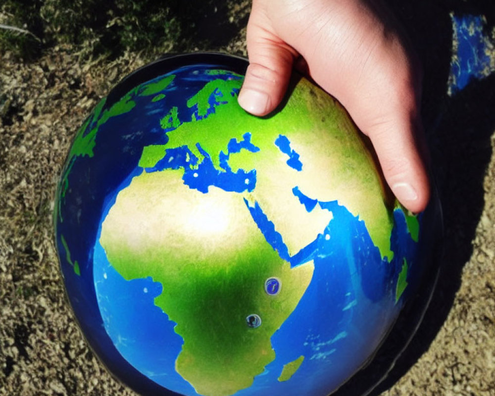 Hand holding globe with focus on North & South America, shadows accentuating contours