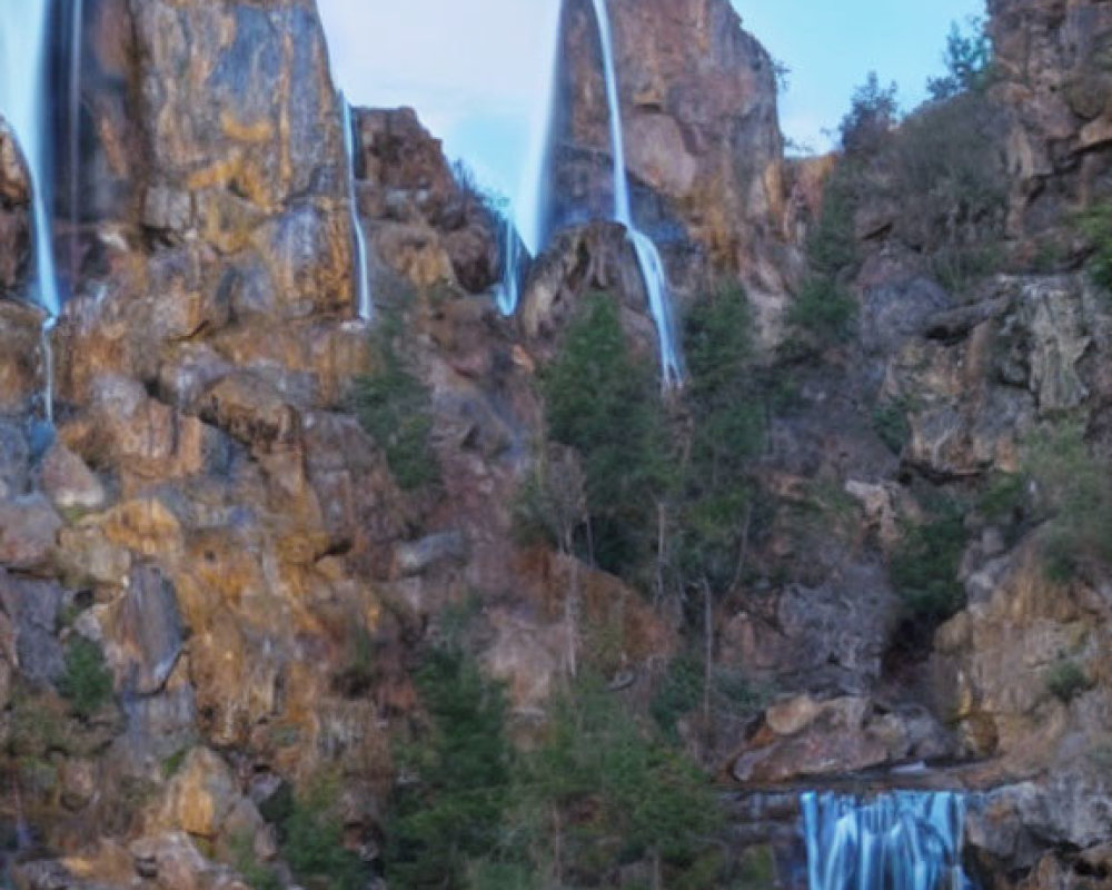 Tranquil waterfall cascading down rugged cliffs amidst greenery