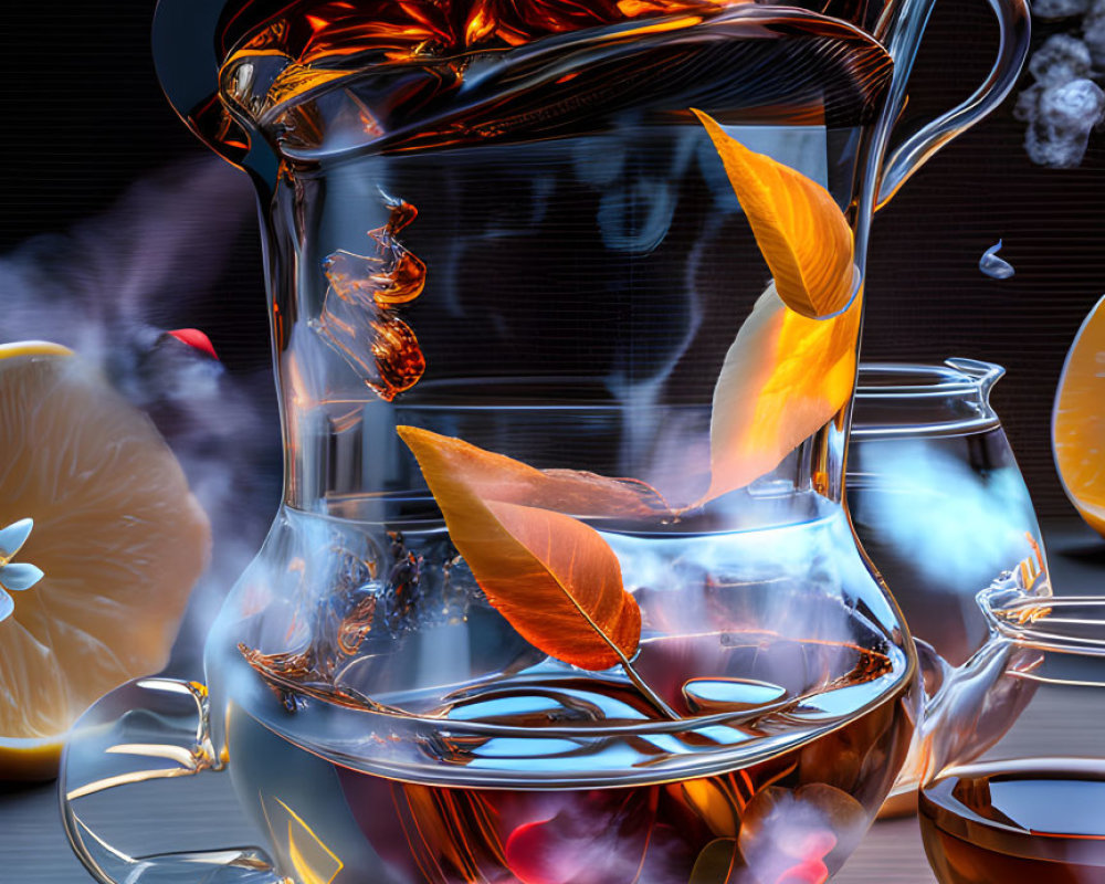 Glass Teapot with Amber Liquid, Citrus Slices, and Petals on Dark Background