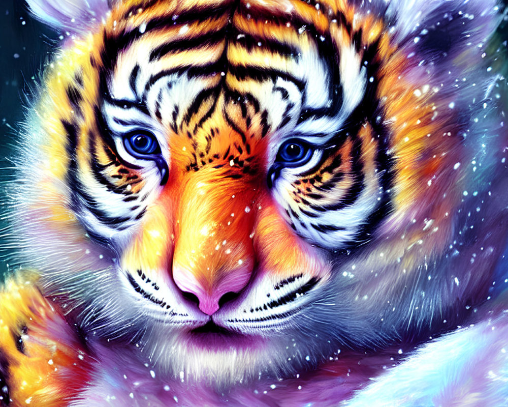 Colorful Tiger Face Artwork with Blue Eyes on Snowy Background