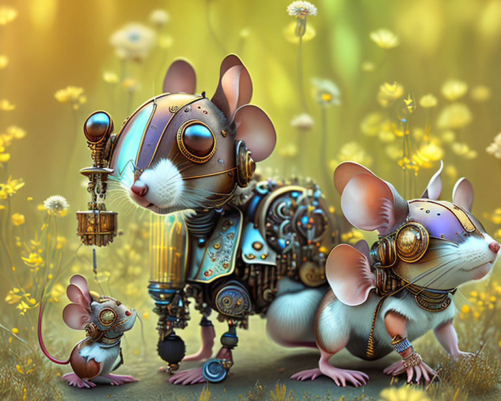 Whimsical steampunk robotic mice in dandelion field