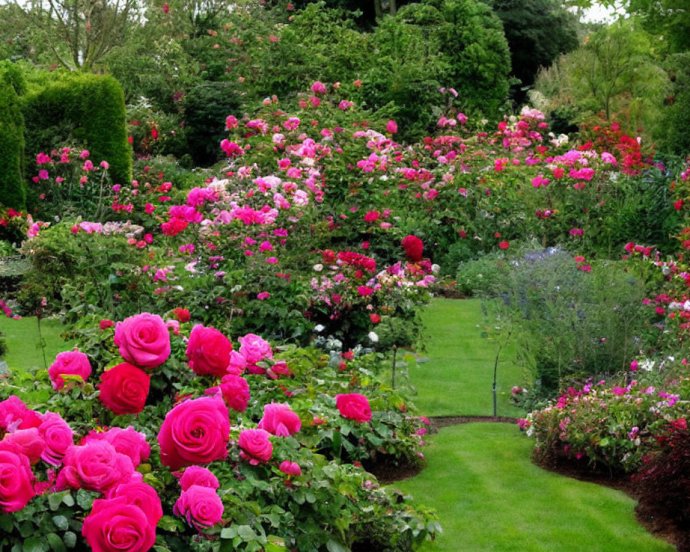 Colorful Blooming Rose Garden with Lush Greenery