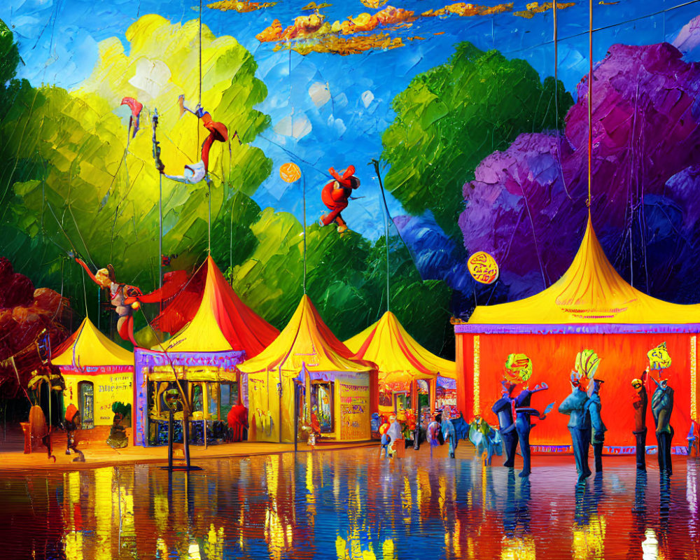 Colorful Circus Scene with Performers and Acrobats on Reflective Floor