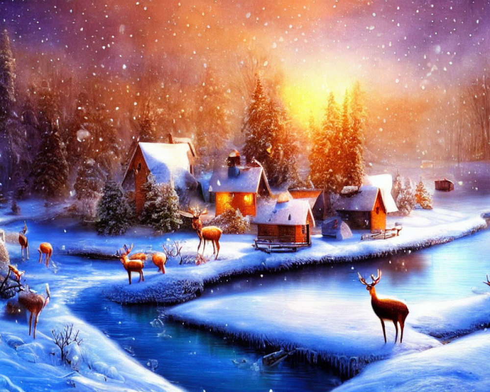 Snow-covered trees, village, sunset, and deer in winter landscape