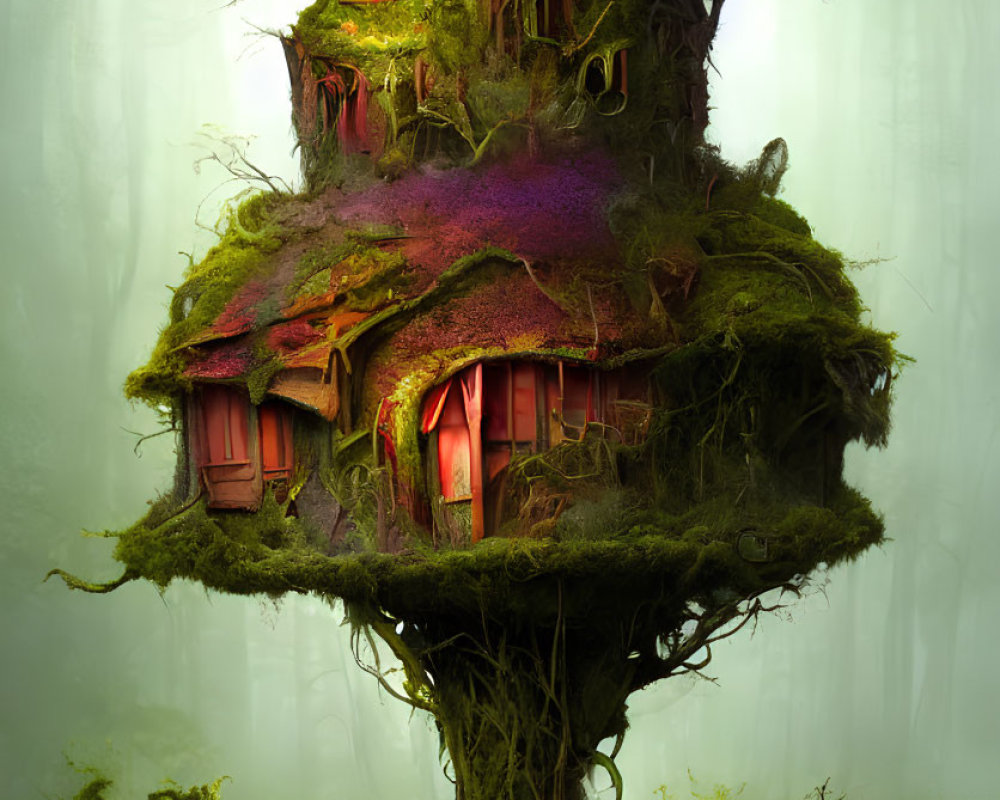 Whimsical enchanted treehouse in gnarly forest