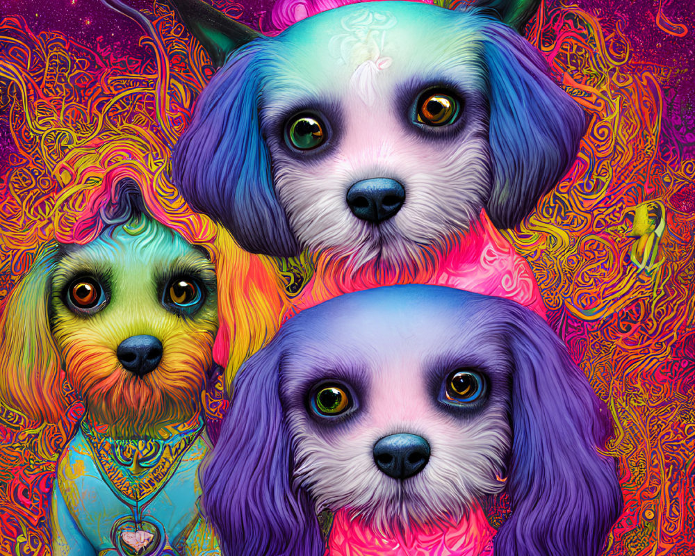 Colorful Stylized Dogs with Psychedelic Patterns and Vibrant Backgrounds