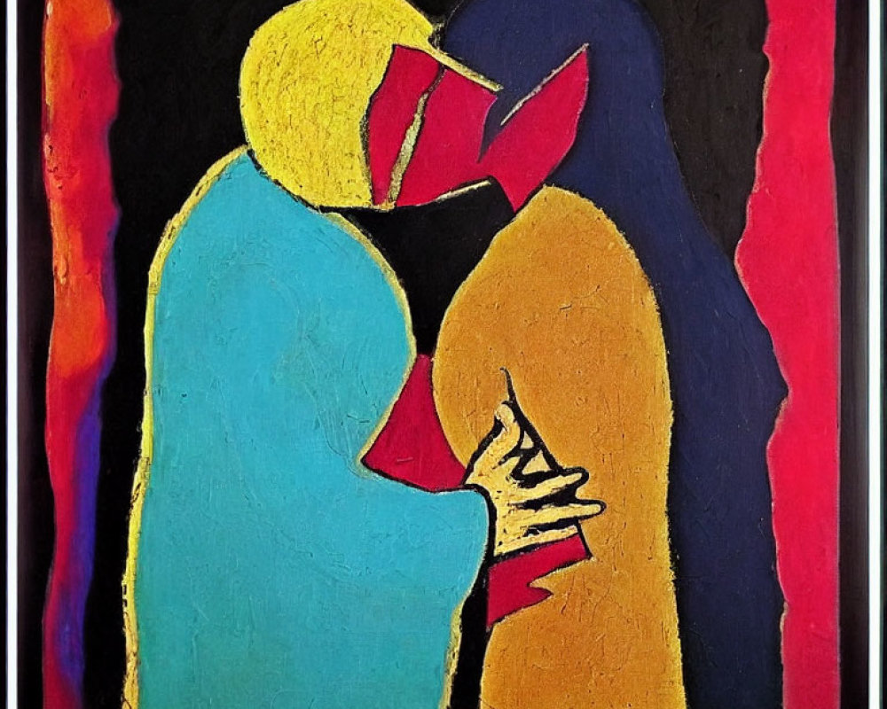 Vibrant abstract painting of faceless figures embracing on black background