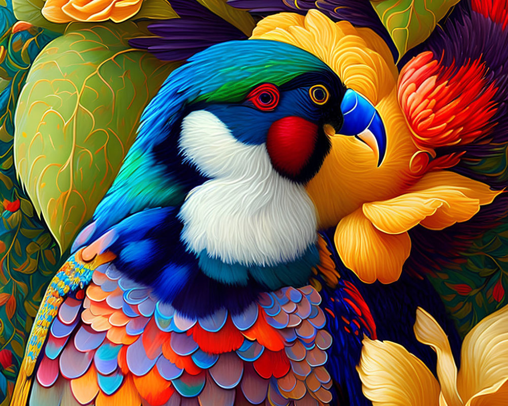 Colorful Digital Artwork: Parrot in Tropical Flowers