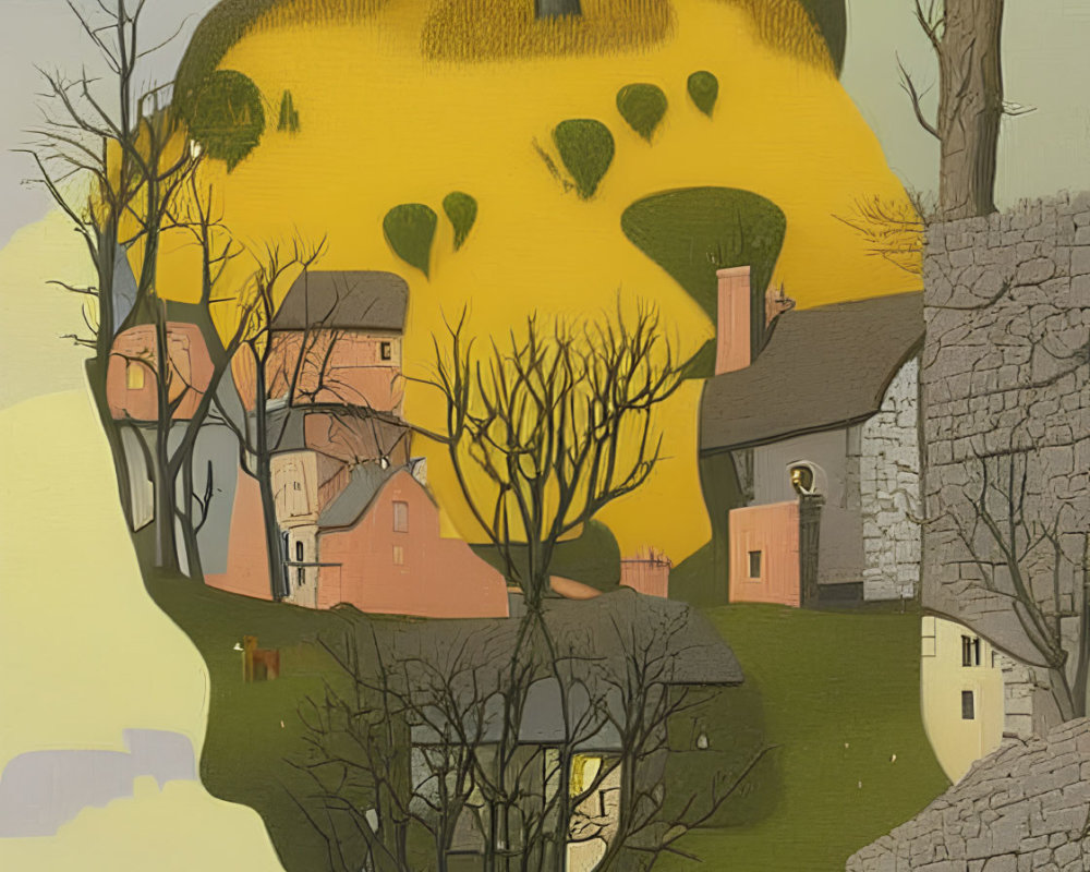 Surreal landscape with large yellow hill and houses