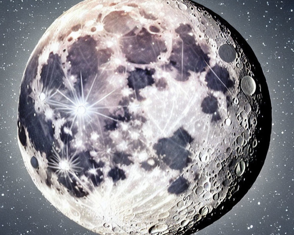 Detailed View of Moon's Cratered Surface Under Starry Sky