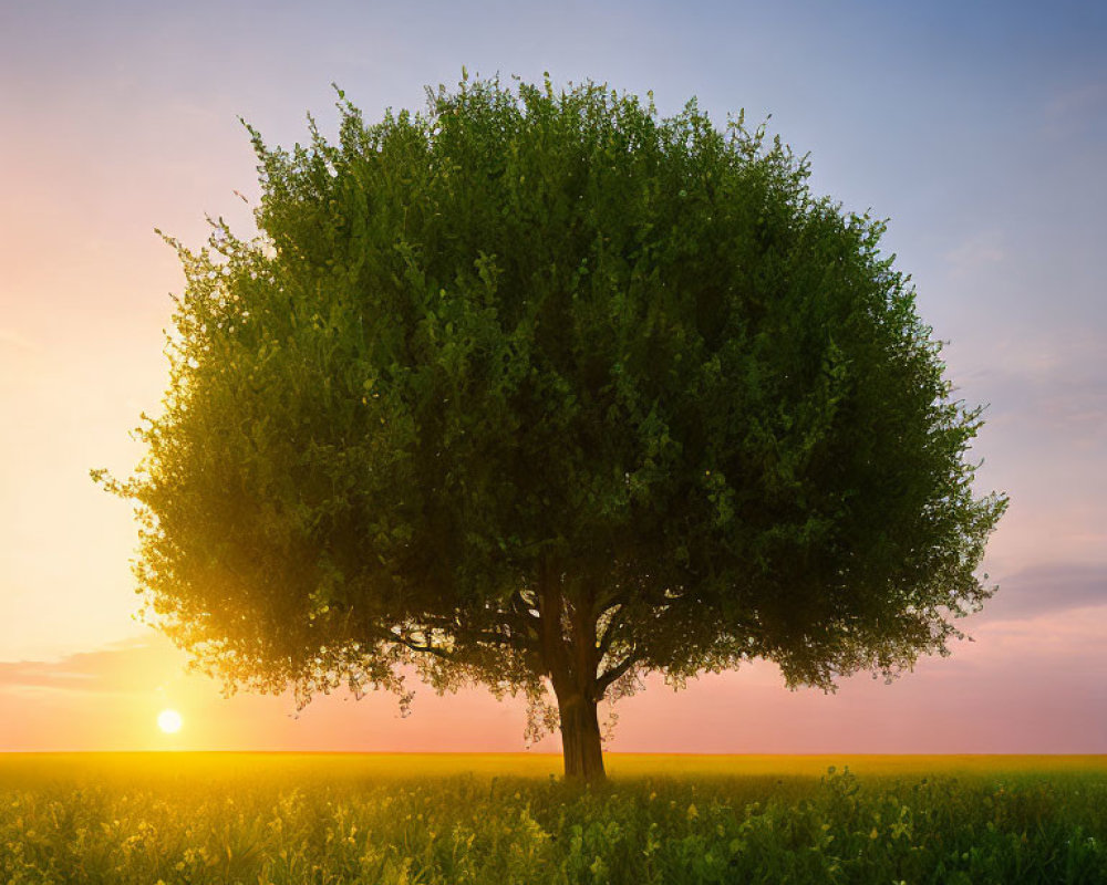 Lush Tree in Field of Yellow Flowers at Sunset