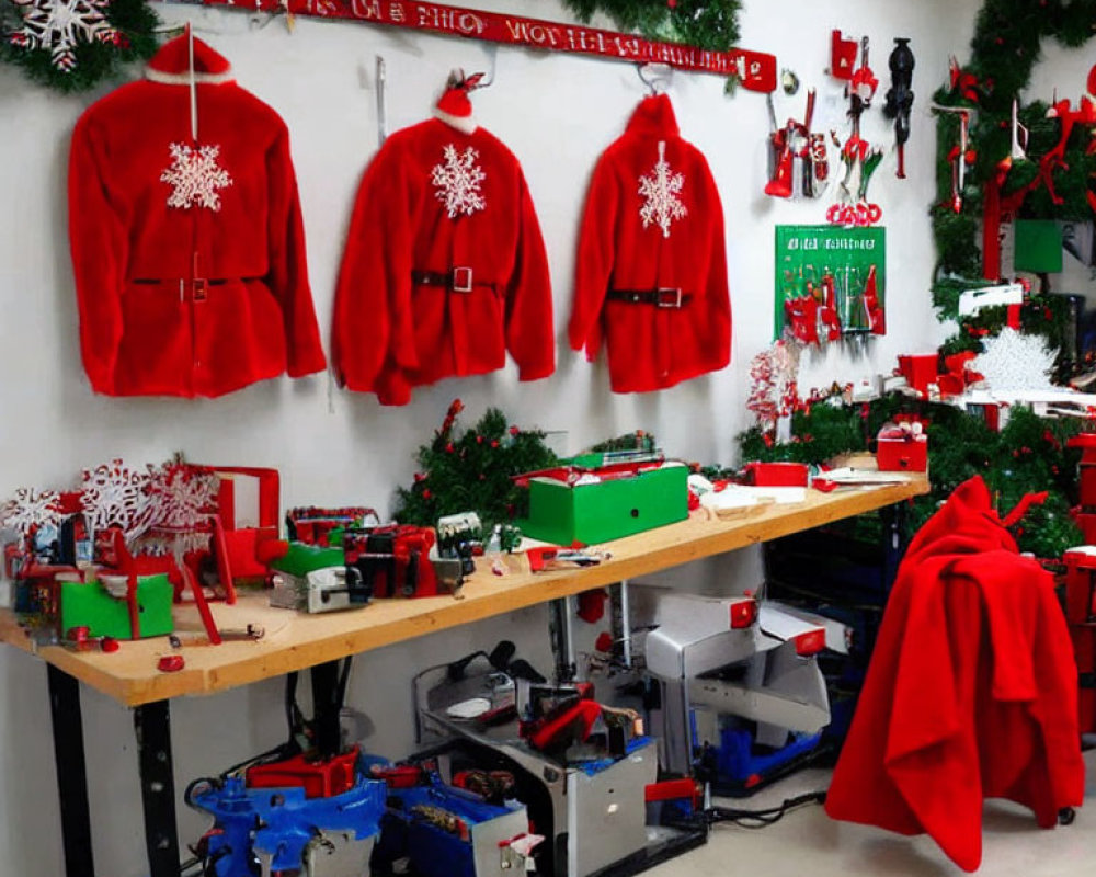 Festive Workshop with Santa Jackets, Workbench, and Christmas Decor