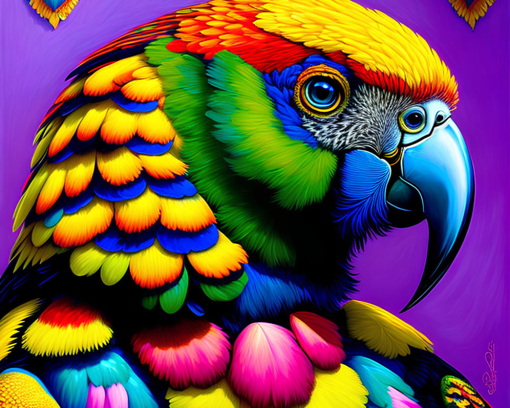 Colorful Parrot Digital Artwork on Purple Background