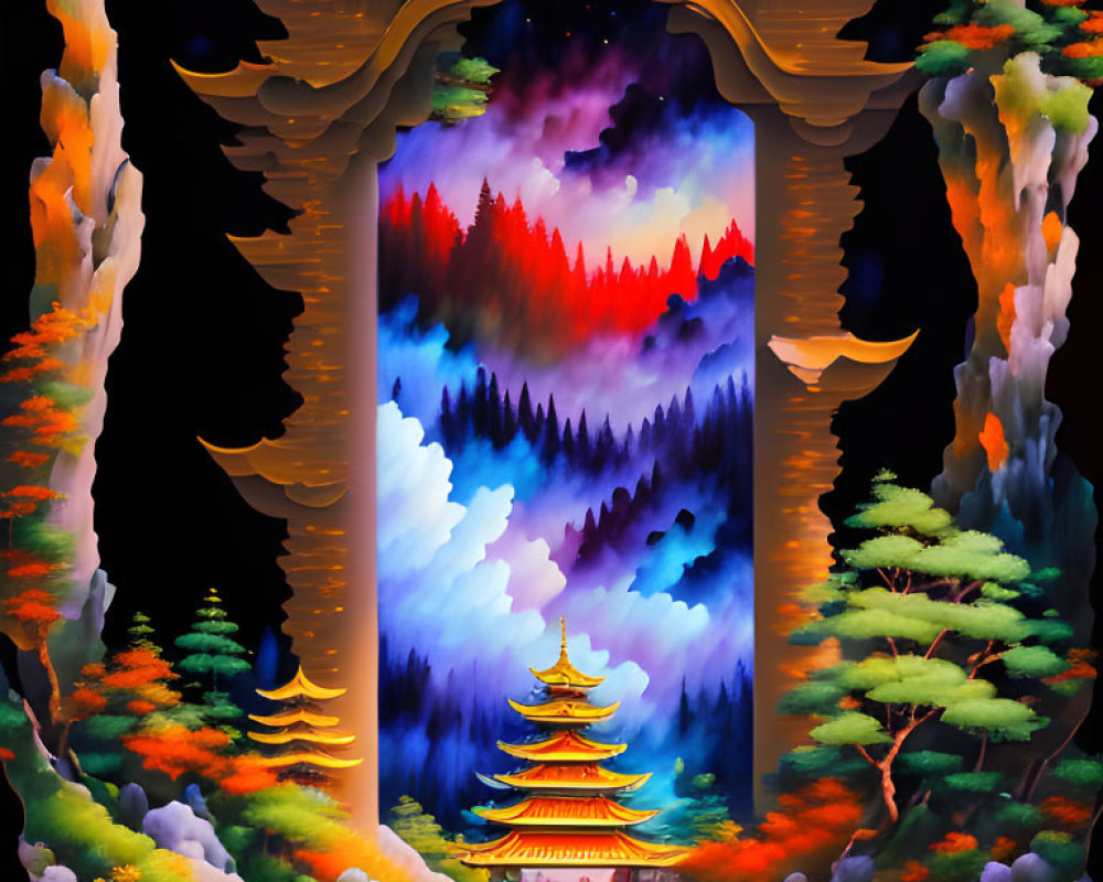 Colorful digital art: Mountain landscape with pagoda, water reflection, and vibrant trees