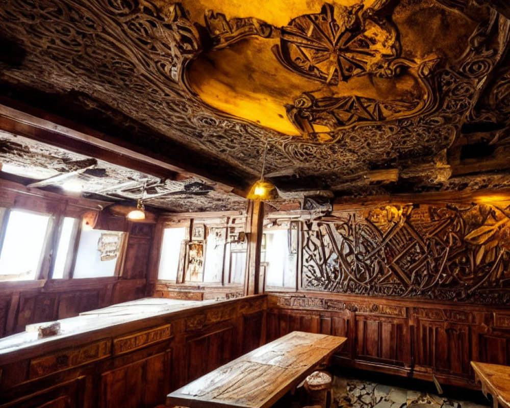 Intricately Carved Wooden Room with Warm Illumination