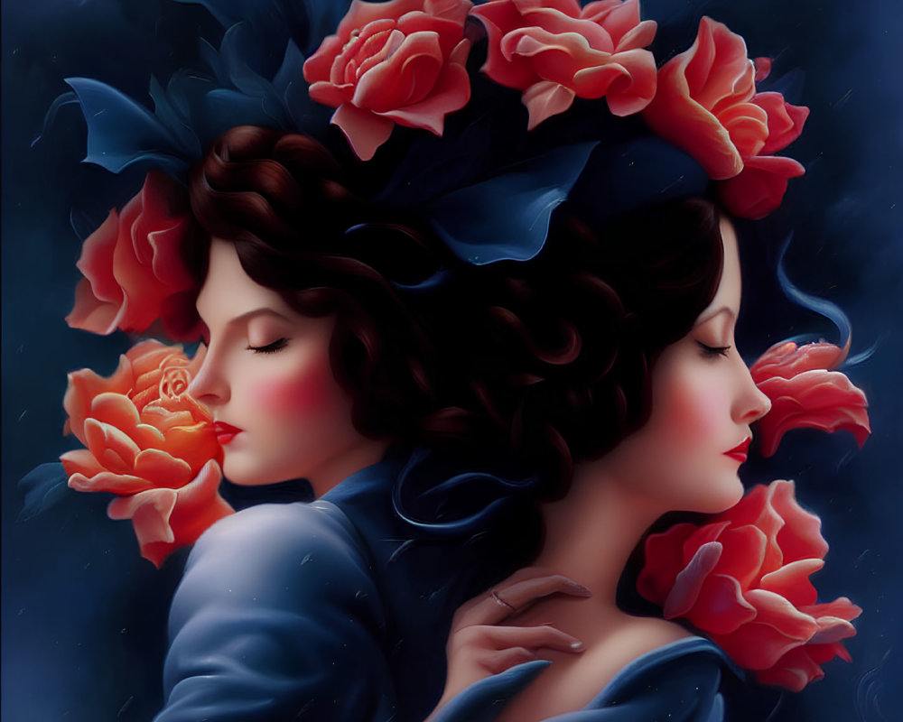 Two Women with Porcelain Skin and Dark Hair Adorned with Red Roses