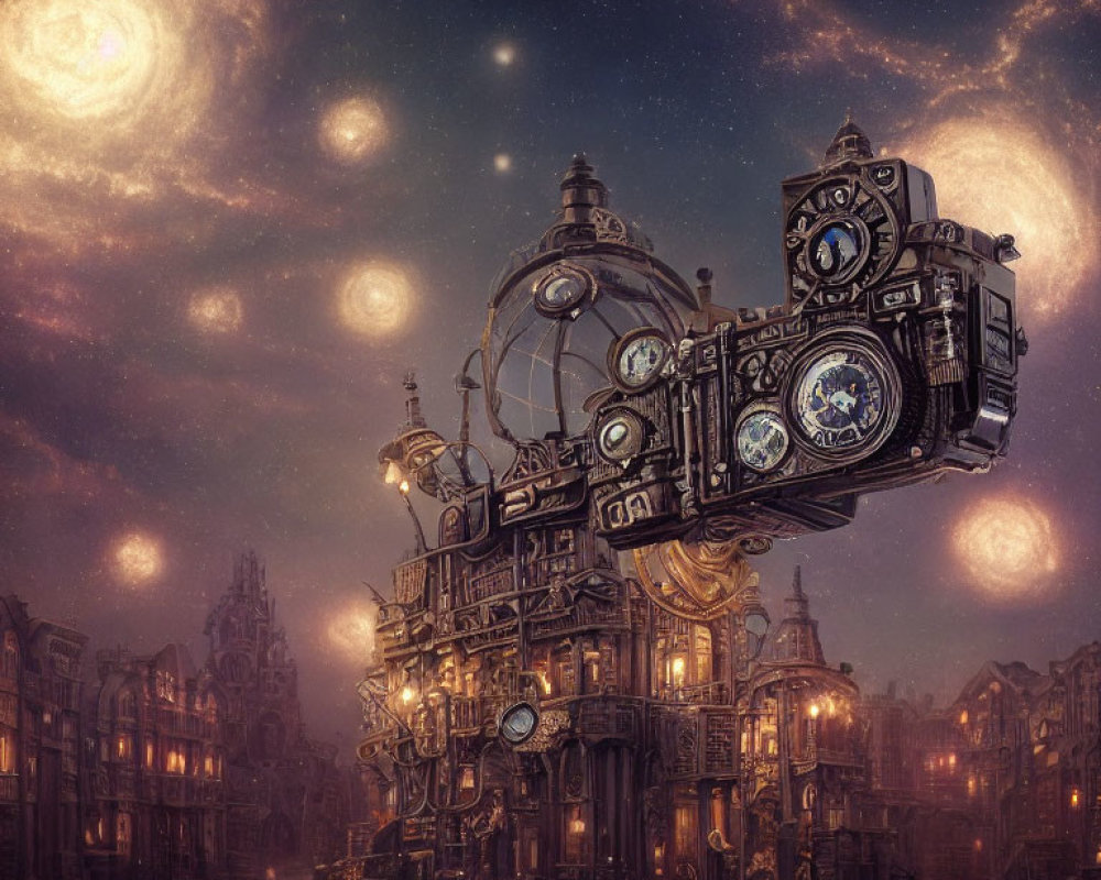 Steampunk airship with gears and clocks over fantastical city at night