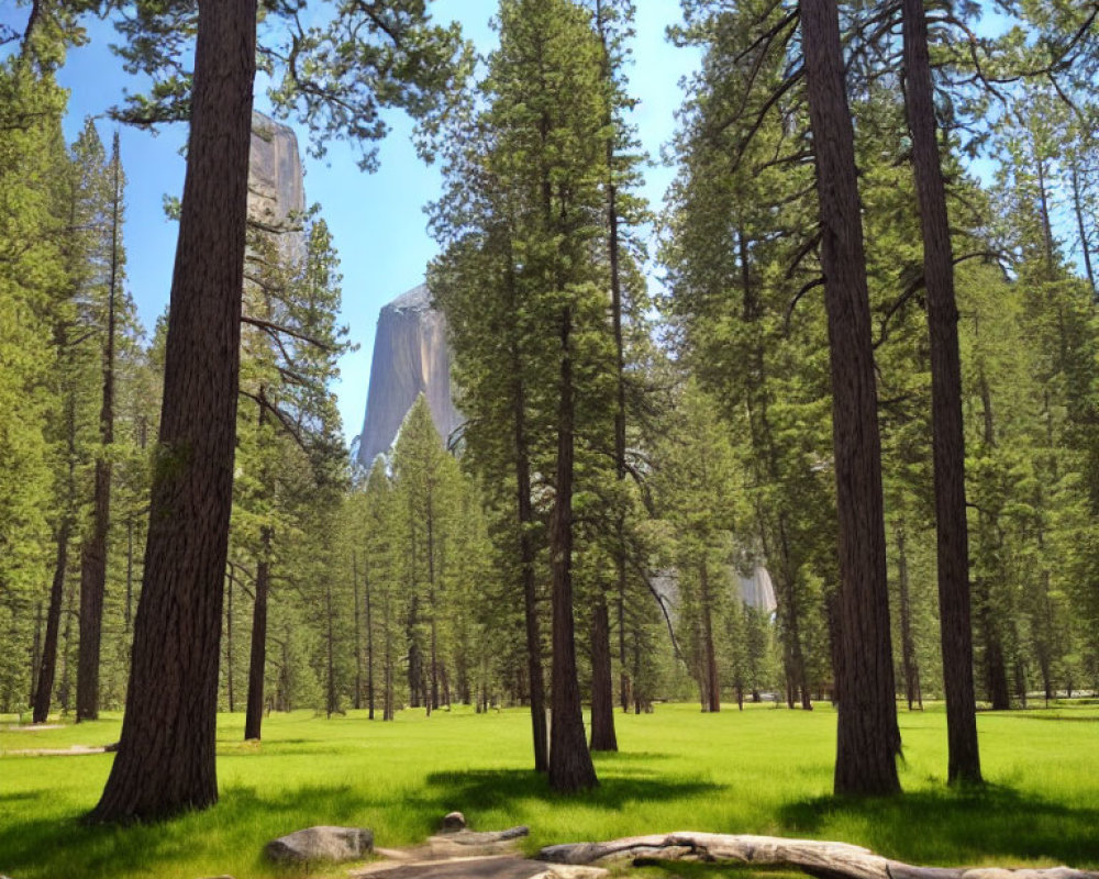 Sunlit forest clearing with tall pine trees and mountain peak in background.