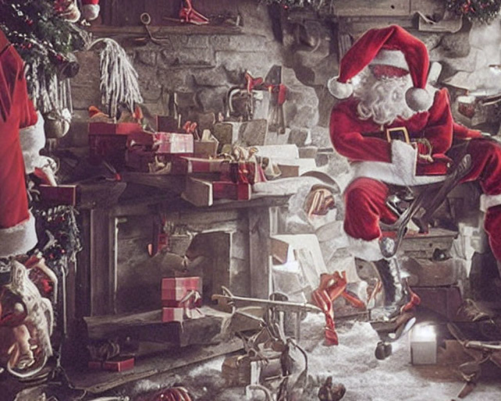 Santa Claus Workshop with Christmas Gifts and Decorations