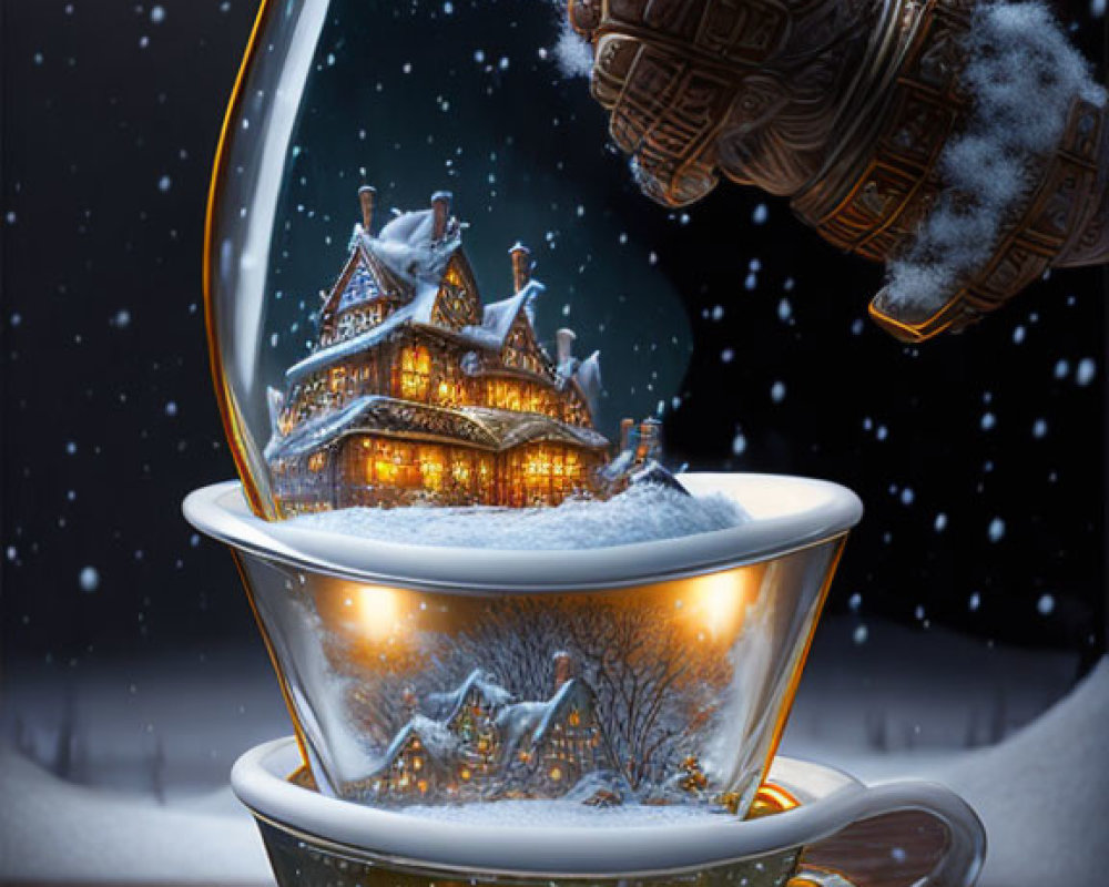 Hand sprinkling snow over glowing cups with winter scenes on dark snowy background