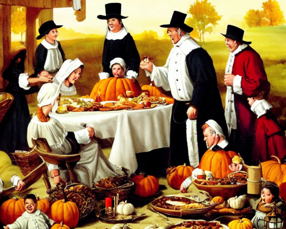 Traditional Pilgrim attire group with pumpkins and turkey scene