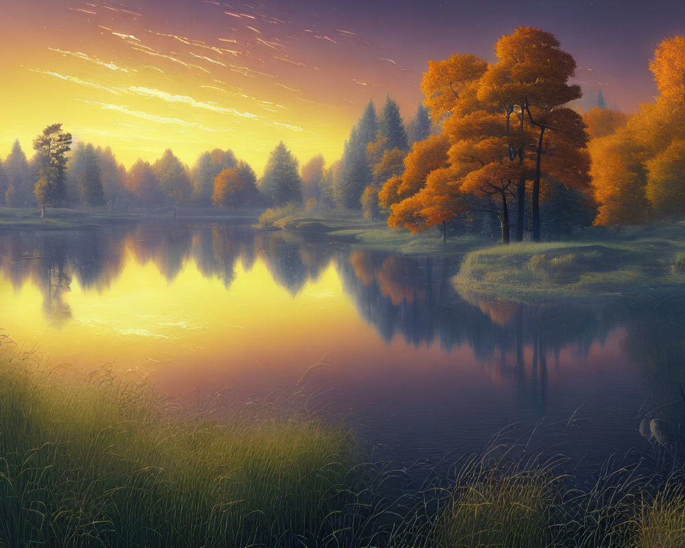 Autumn trees reflected in tranquil sunrise lake with golden light