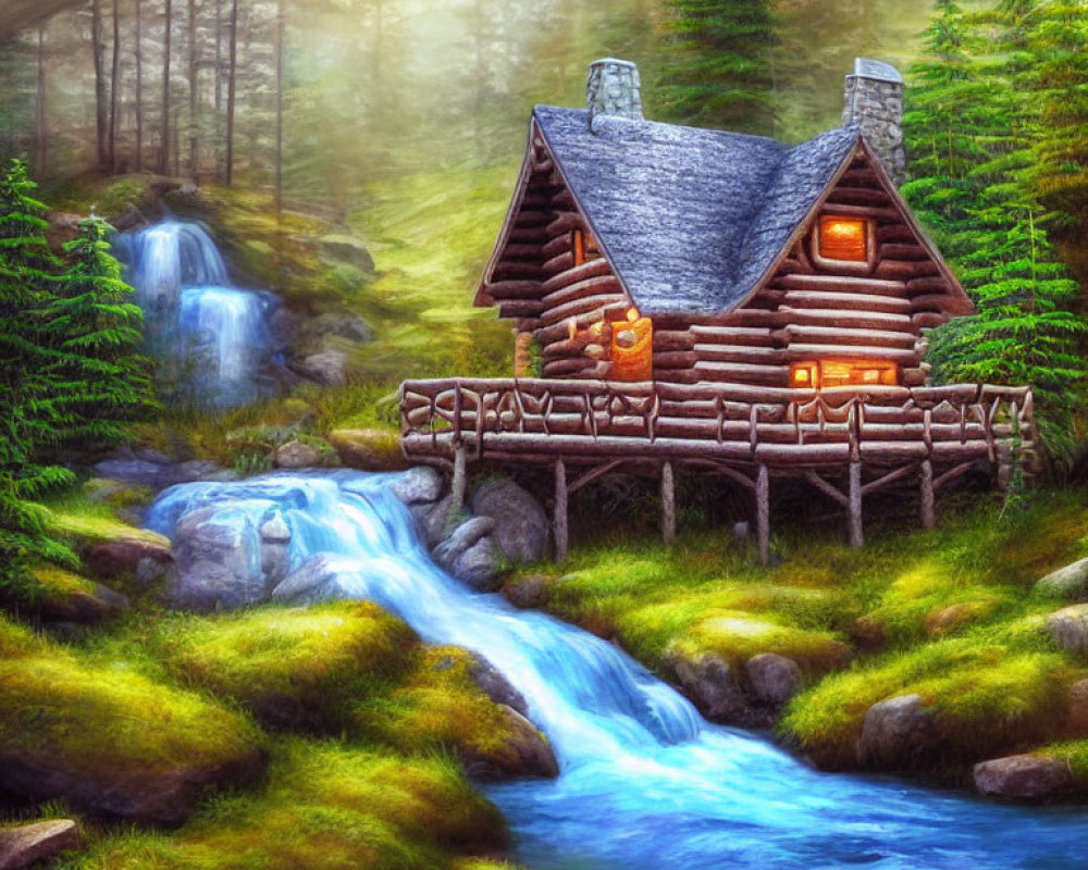 Cozy log cabin near forest stream and waterfall