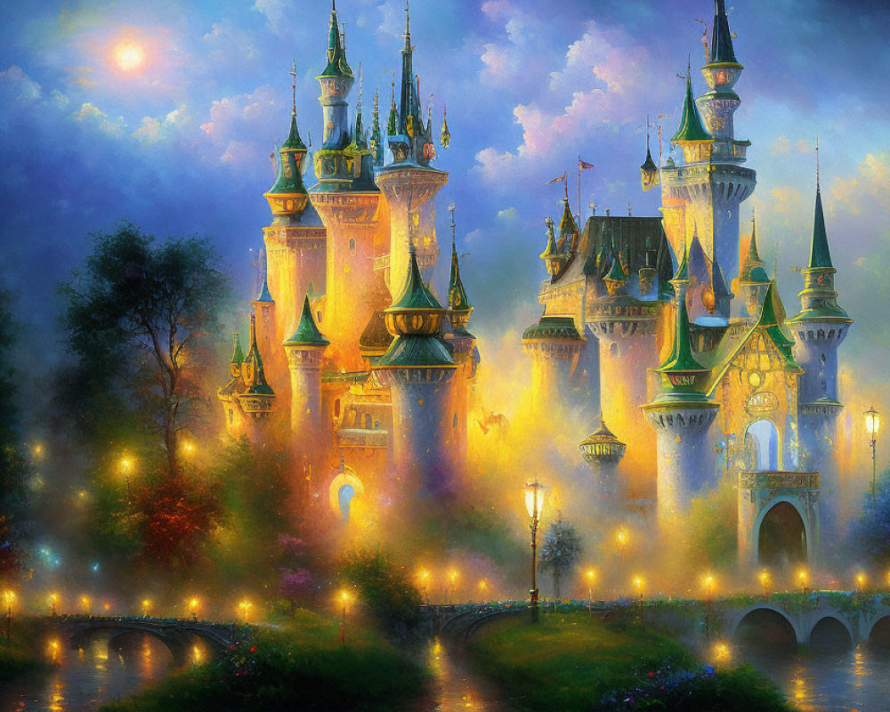 Illuminated fairytale castle at dusk with twinkling lights