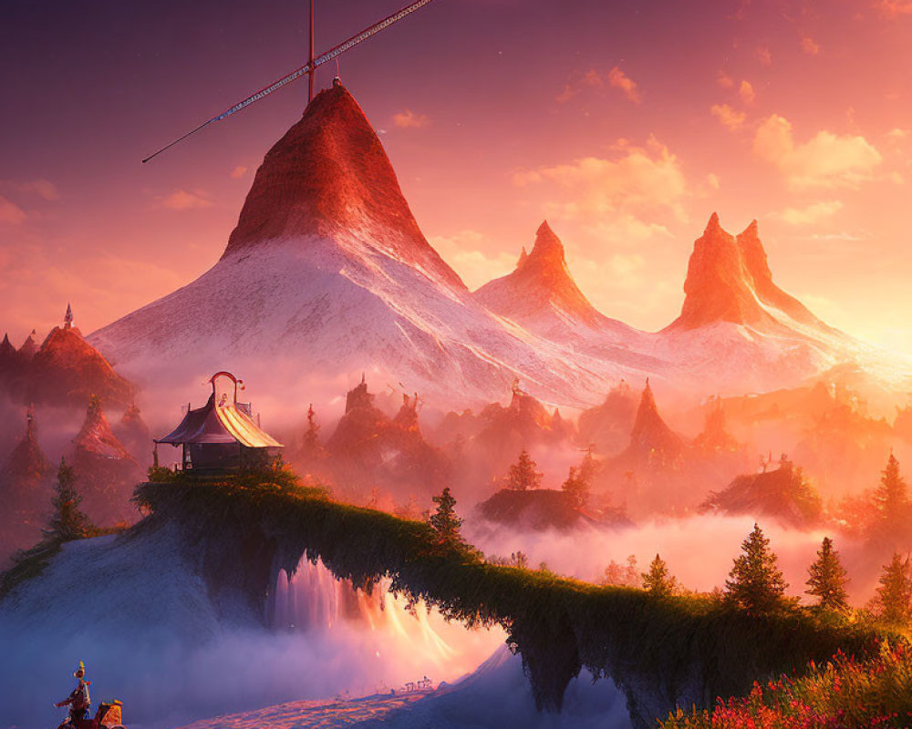 Fantasy landscape at sunset: vibrant skies, snow-capped mountains, waterfall, cyclist, surreal large