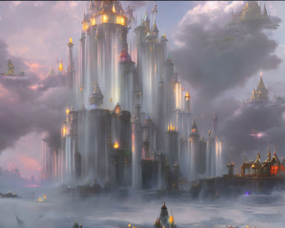 Mystical floating city with cascading waterfalls and spires in pastel hues