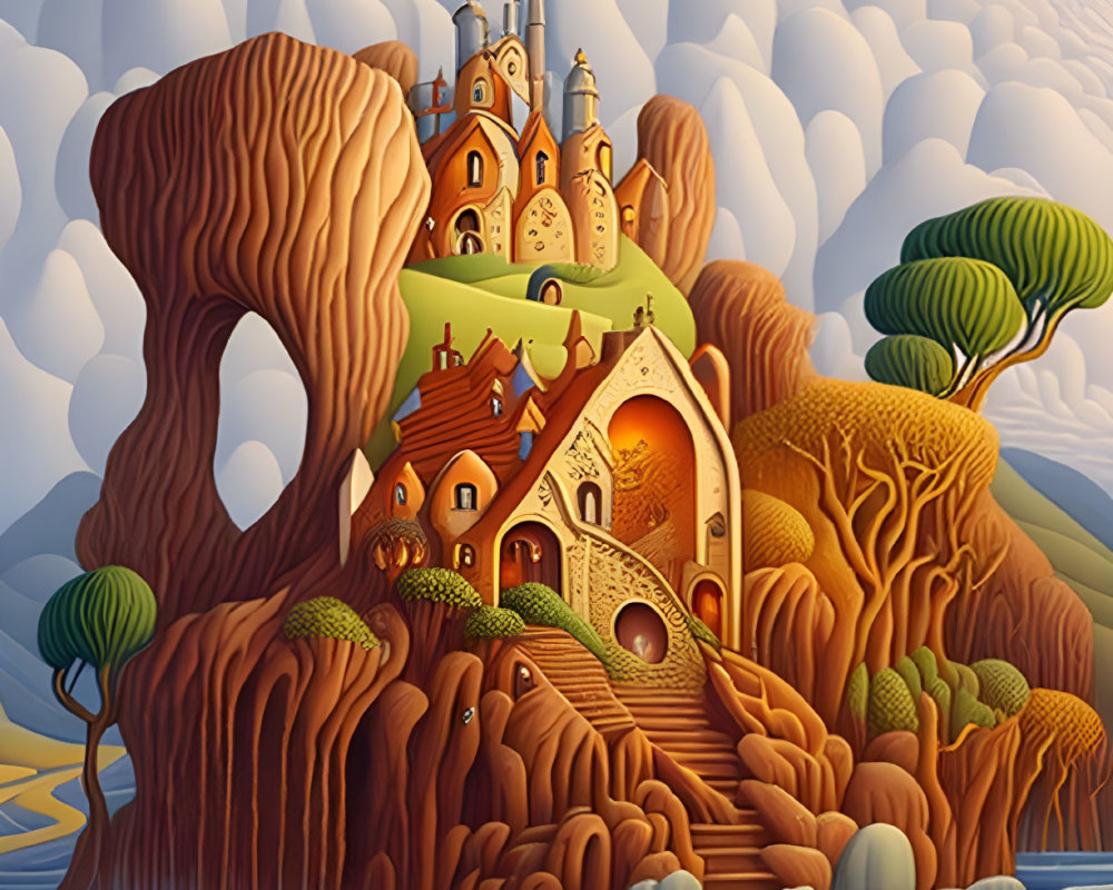 Surreal castle landscape with stylized trees and waterfall