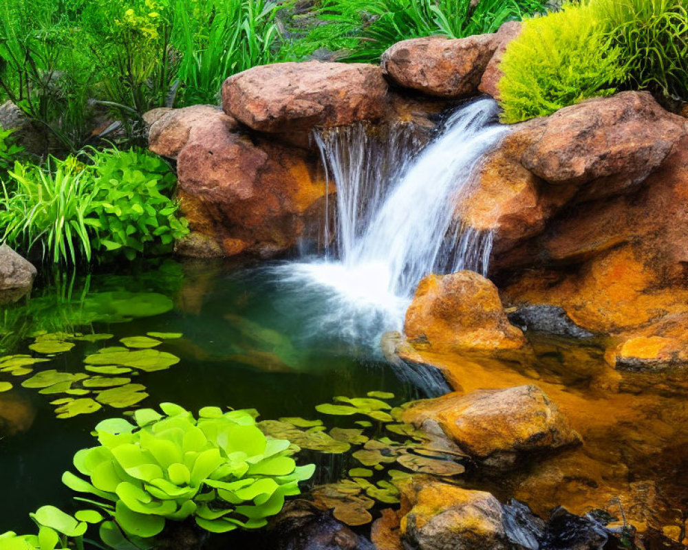 Serene Garden Pond with Waterfall and Water Lilies